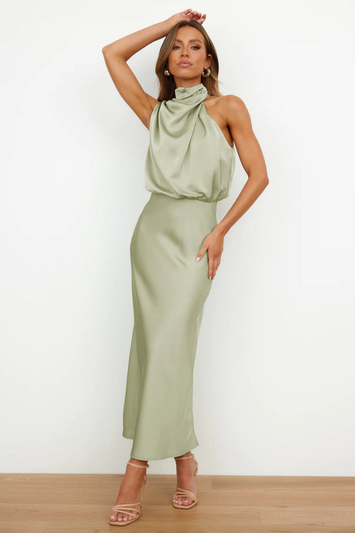 Women's Satin Midi Dress Halterneck Backless Elegant for Party or Evening Occasion