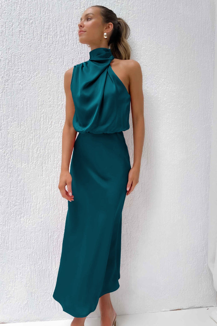 Women's Satin Midi Dress Halterneck Backless Elegant for Party or Evening Occasion