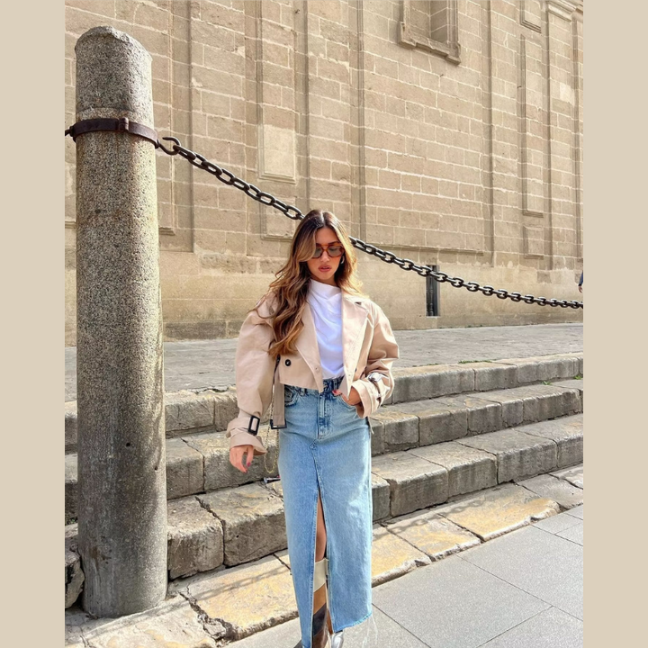 Short women's trench coat made of vegan leather