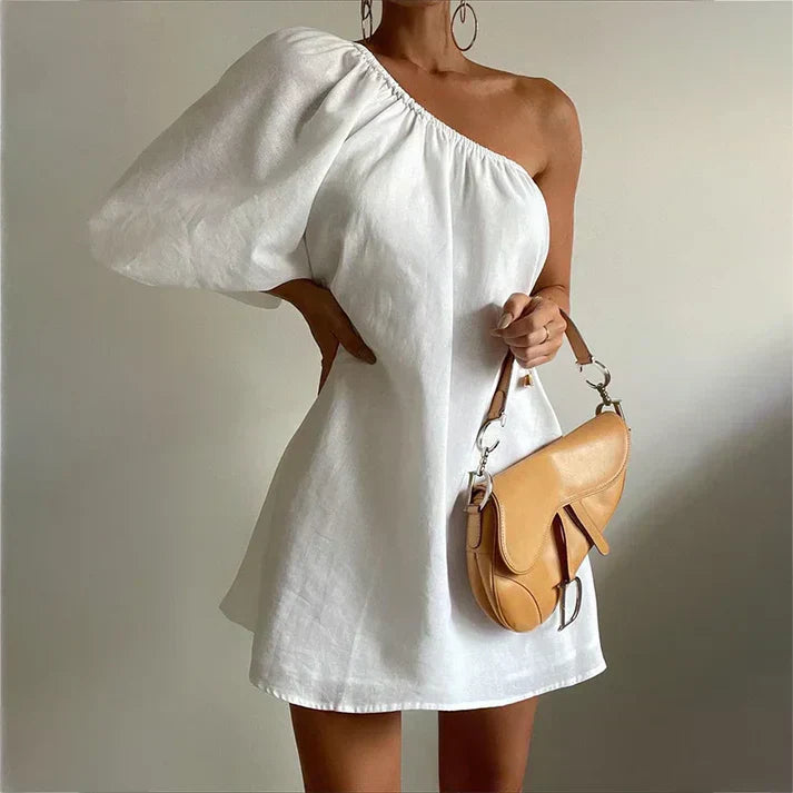 Women's One-Shoulder Dress + Puff Sleeves + Elegant Style