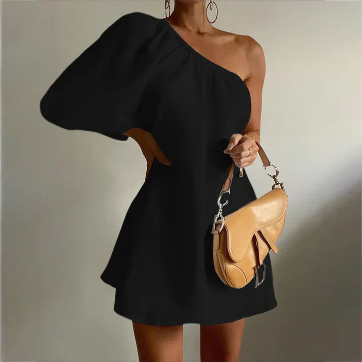 Women's One-Shoulder Dress + Puff Sleeves + Elegant Style