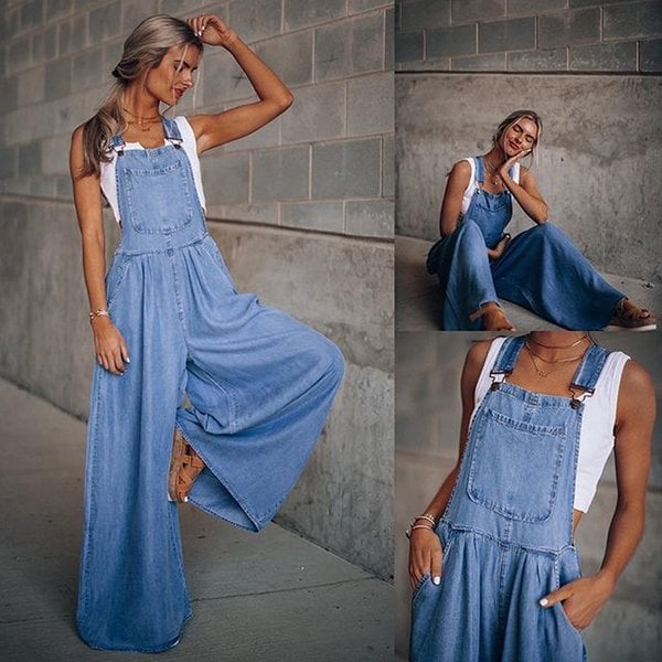 Women's denim overalls with wide legs and adjustable straps