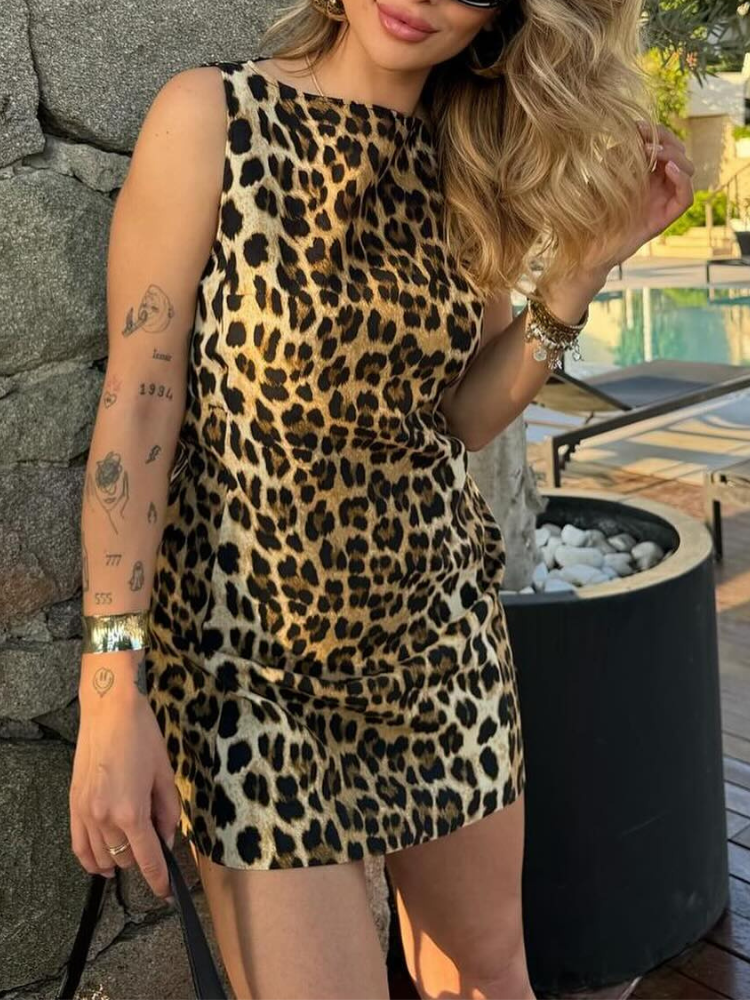 Leopard print mini dress – sleeveless, stretch, high collar