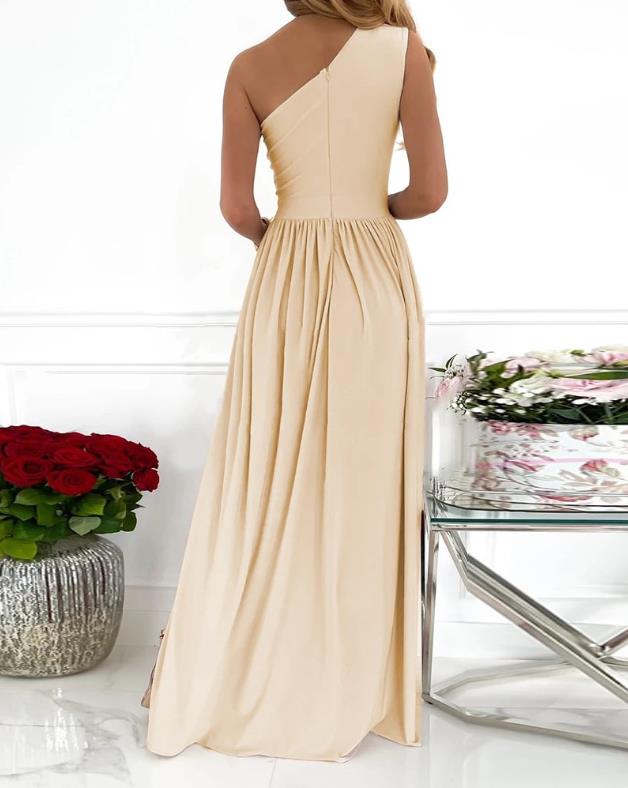 One-Shoulder Evening Dress Maxi with Slit - Satin-Look Elegance