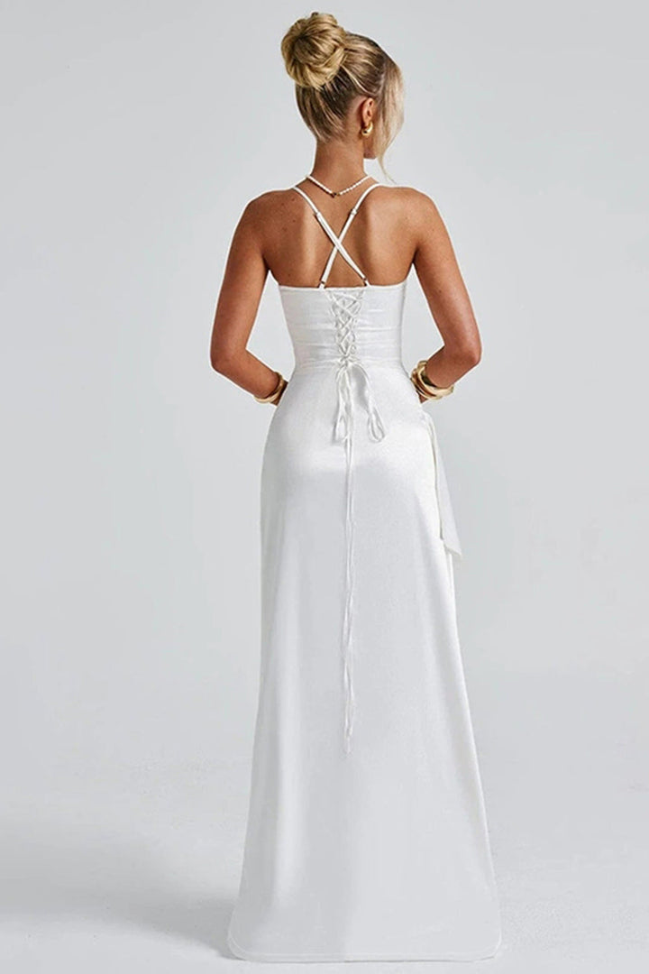 Women's satin dress with V-neck and long sleeves – Elegant for evening & occasion