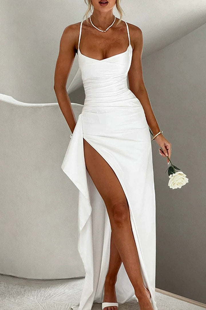 Women's satin dress with V-neck and long sleeves – Elegant for evening & occasion