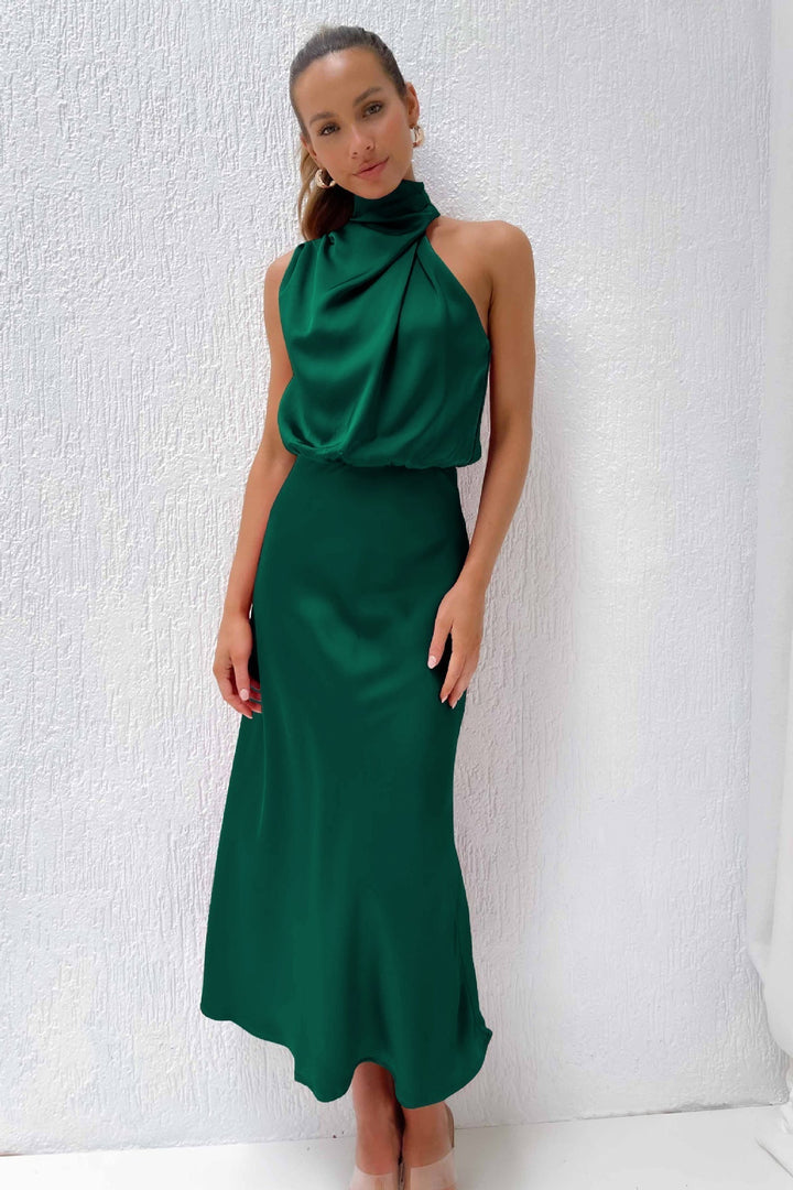 Women's Satin Midi Dress Halterneck Backless Elegant for Party or Evening Occasion