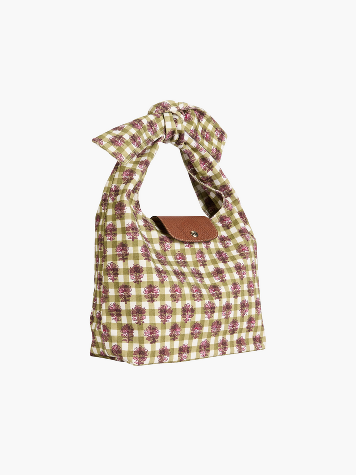 Flower Gingham Shoulder Bag Women with Knot Handle