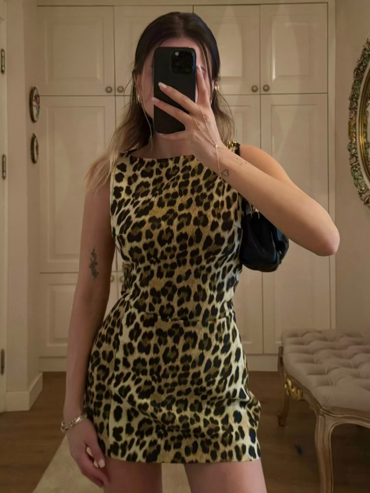 Leopard print mini dress – sleeveless, stretch, high collar