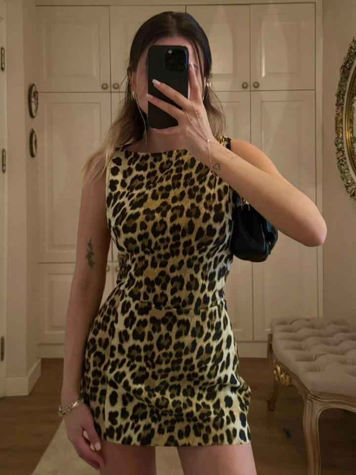 Leopard print mini dress – sleeveless, stretch, high collar
