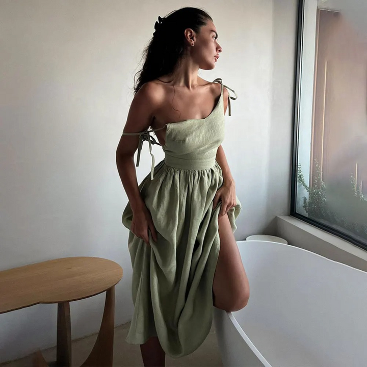 Women's linen dress with button placket and loose fit for summer