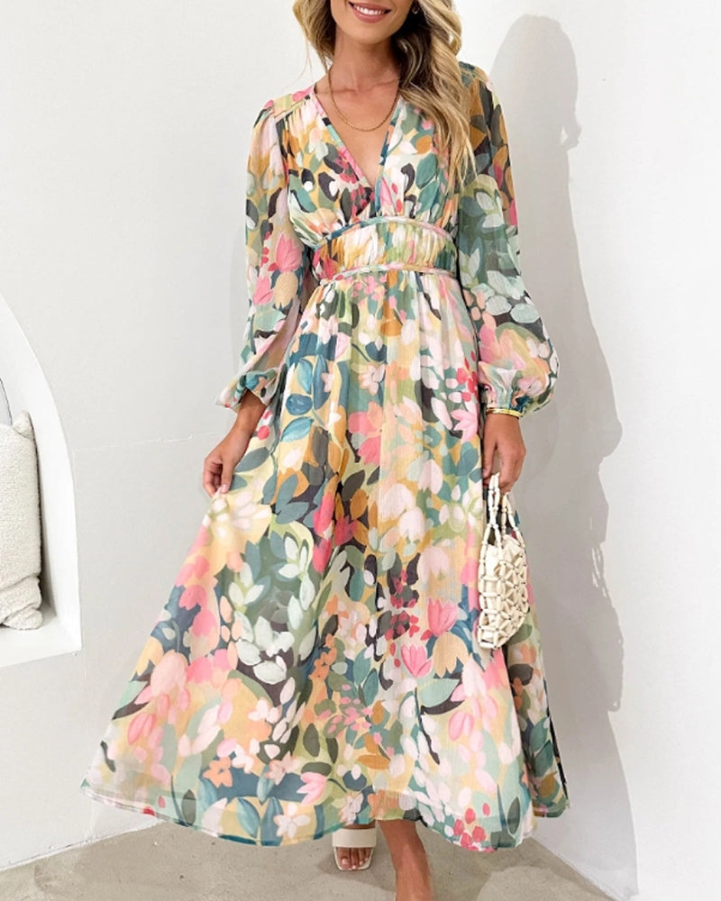 Women's maxi dress made of viscose with floral pattern and V-neckline