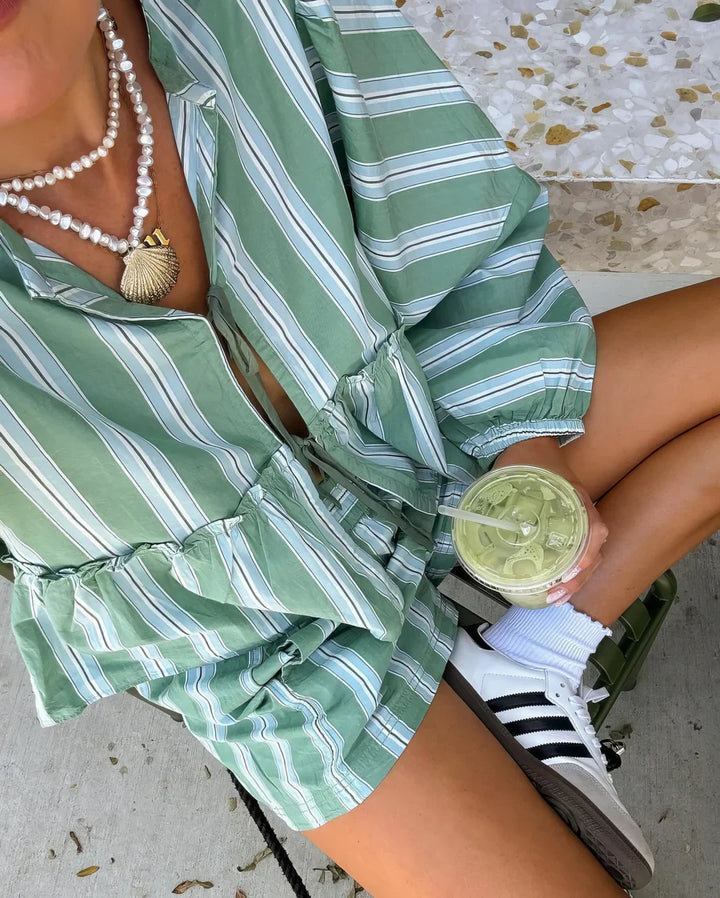 Women's Summer Two-Piece – Striped Blouse & Shorts – Casual Cut