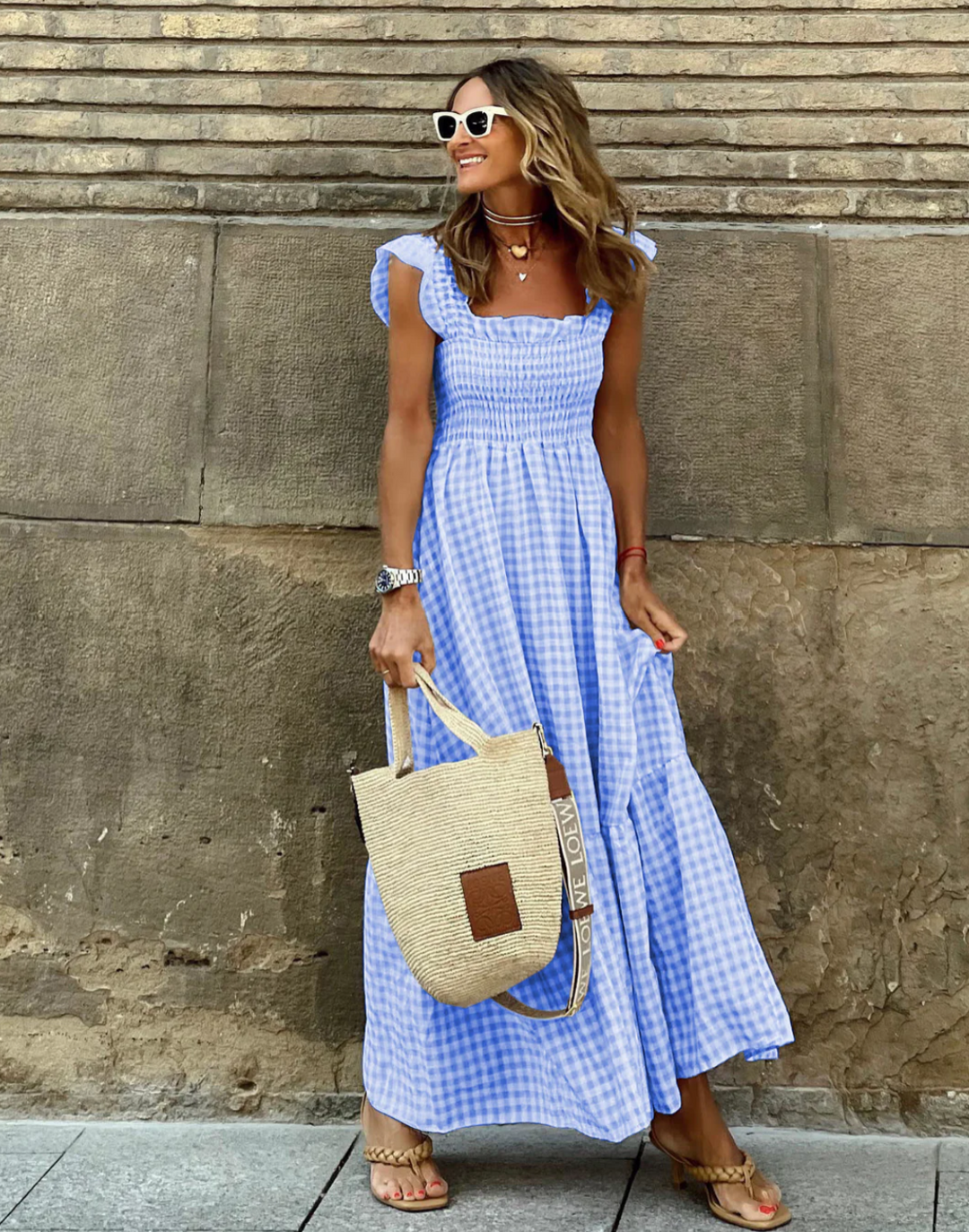 Women's Maxi Dress Cotton Gingham Ruffle Sleeves Elegant Summer Look