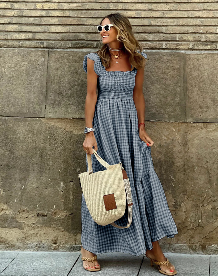 Women's Maxi Dress Cotton Gingham Ruffle Sleeves Elegant Summer Look