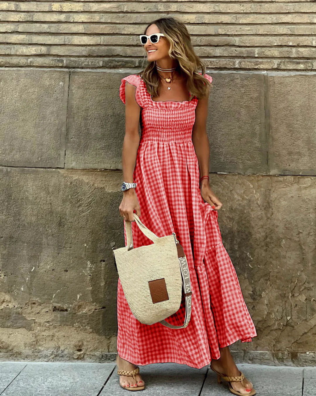 Women's Maxi Dress Cotton Gingham Ruffle Sleeves Elegant Summer Look
