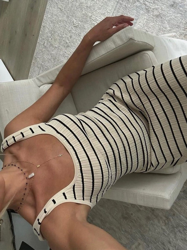 Elegant Striped Knit Maxi Dress – Cotton Blend, Apricot