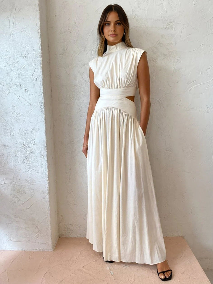Sleeveless maxi dress with stand-up collar and waist cut-out
