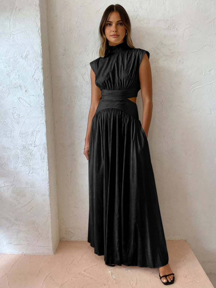 Sleeveless maxi dress with stand-up collar and waist cut-out