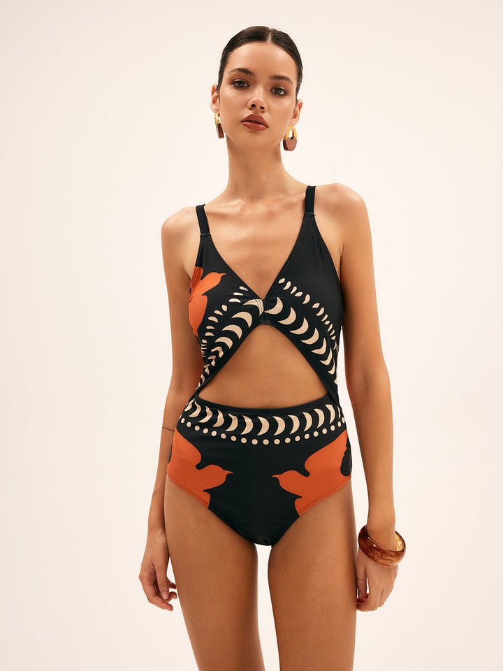 Elegant one-piece swimsuit with bird pattern & flattering cutouts – high waist swimwear
