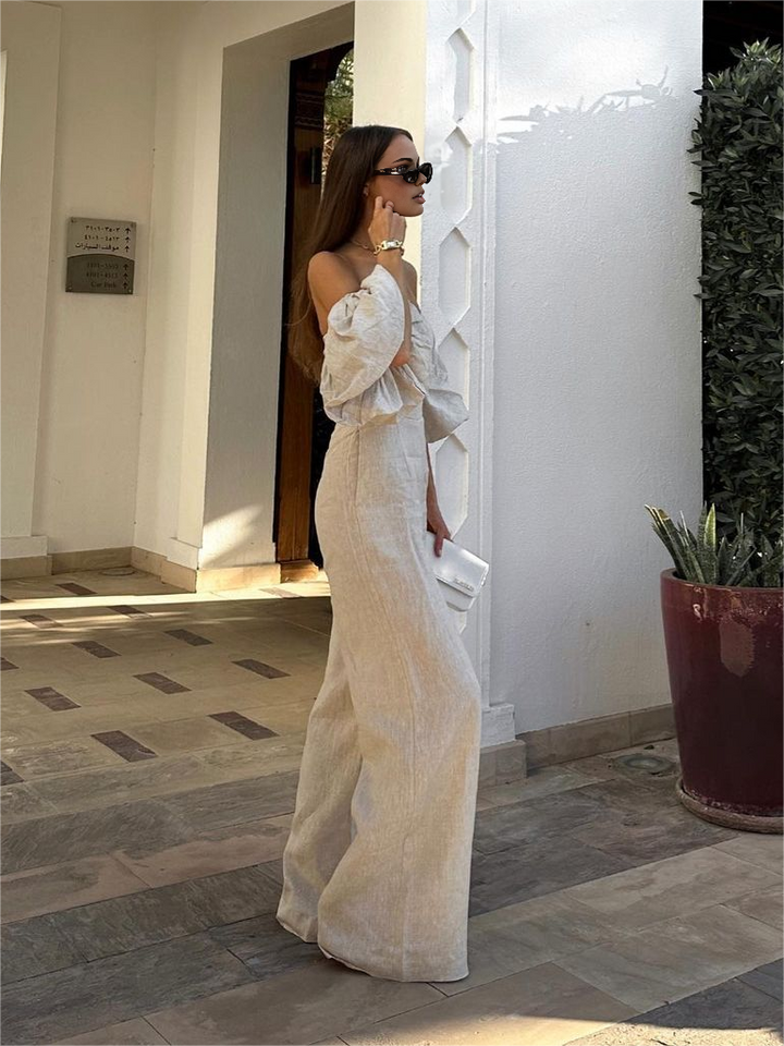 Breathable Linen-Blend Jumpsuit with Puff Sleeves – Elegant Women's Fashion