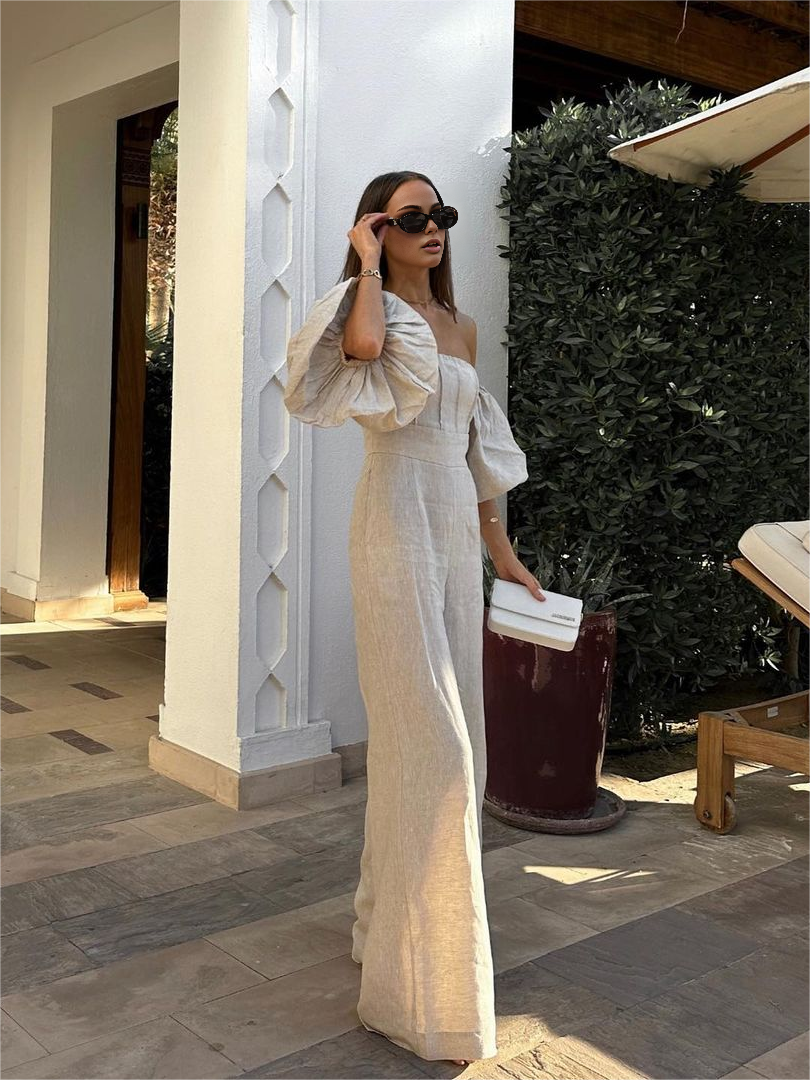 Breathable Linen-Blend Jumpsuit with Puff Sleeves – Elegant Women's Fashion