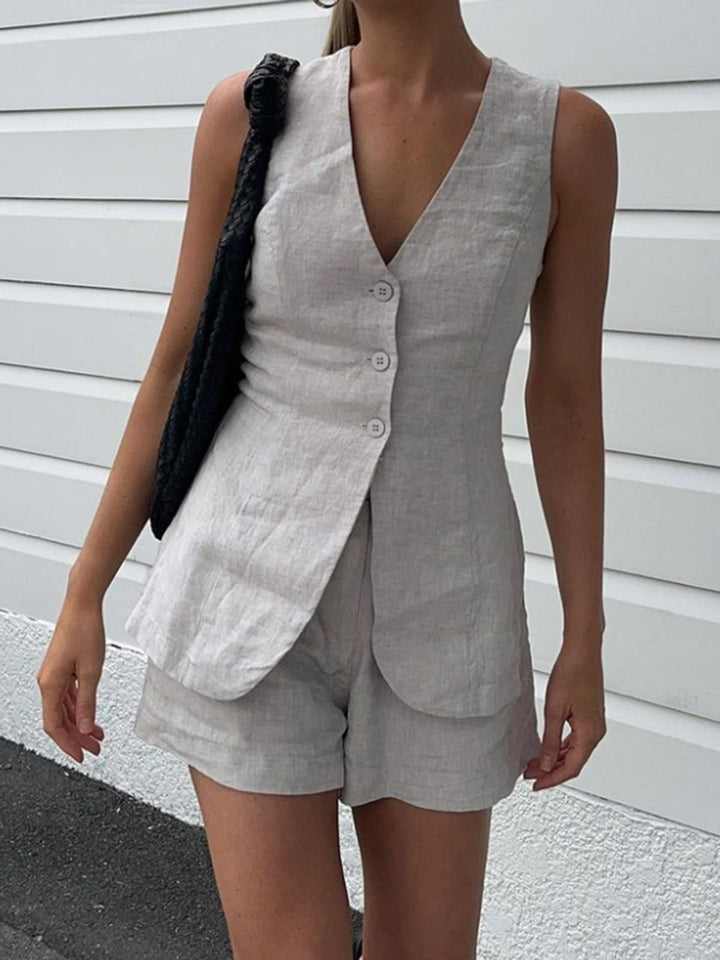 Women's Summer Two-Piece – Drawstring Top & Shorts with Slit