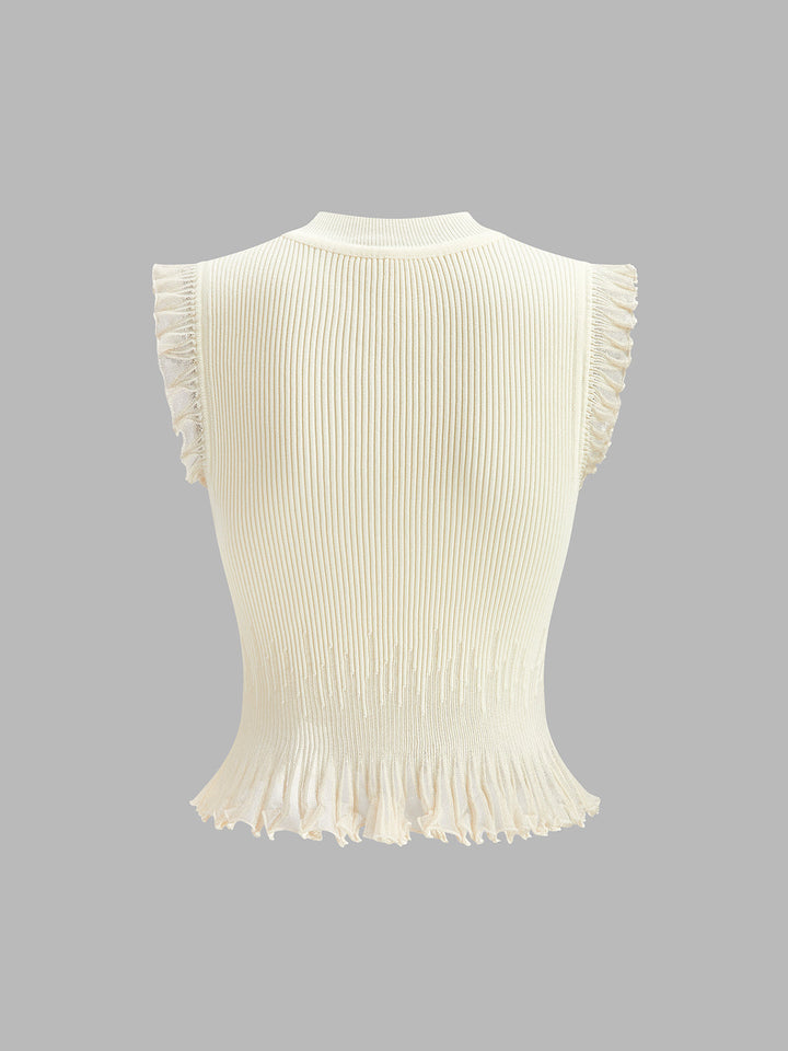 Ribbed Crop Top with Ruffles – Beige – Summer Women's Top