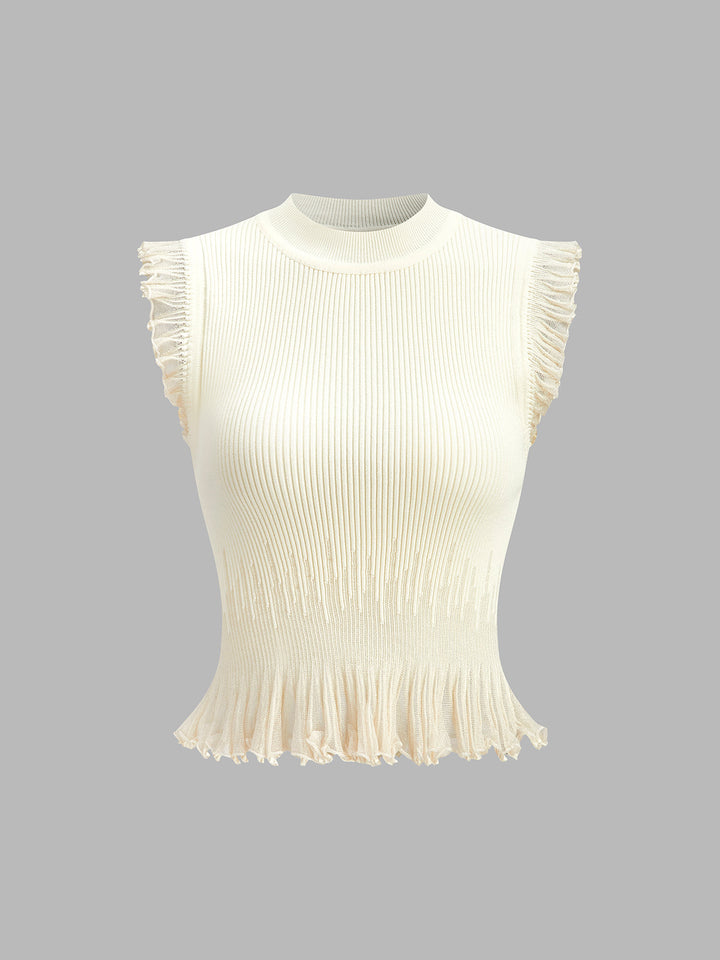 Ribbed Crop Top with Ruffles – Beige – Summer Women's Top