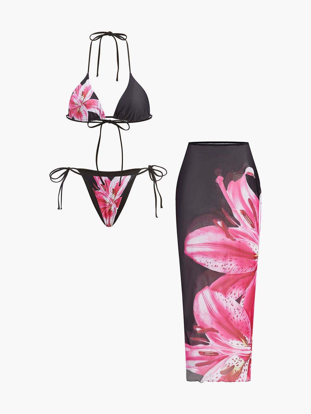 3-piece flower bikini set with mesh skirt – fashionable swimwear