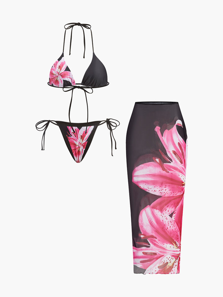 3-piece flower bikini set with mesh skirt – fashionable swimwear