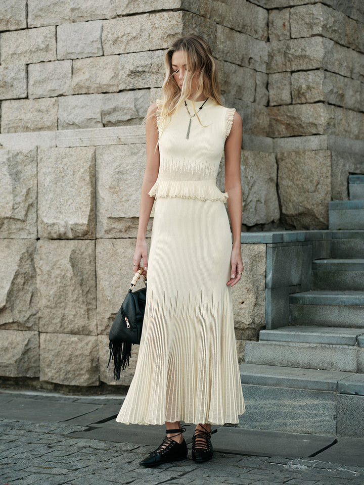 Ribbed Crop Top with Ruffles – Beige – Summer Women's Top