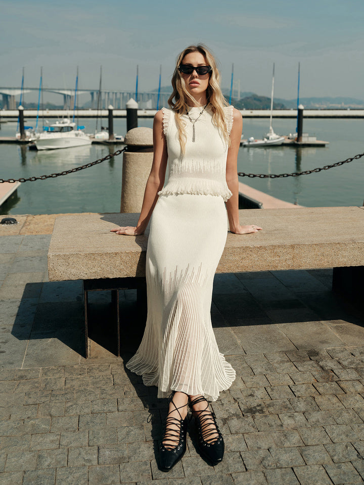 Ribbed Crop Top with Ruffles – Beige – Summer Women's Top