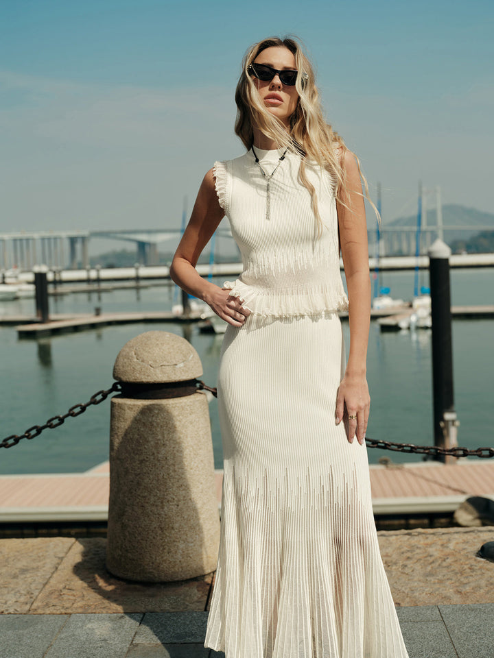 Ribbed Crop Top with Ruffles – Beige – Summer Women's Top