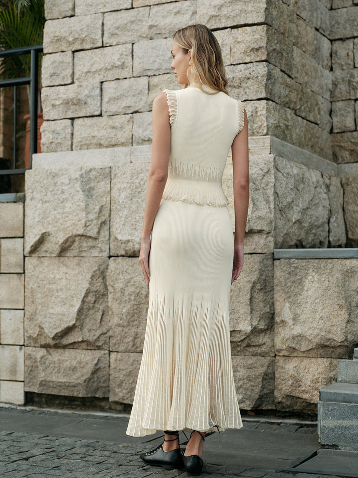 Ribbed Crop Top with Ruffles – Beige – Summer Women's Top