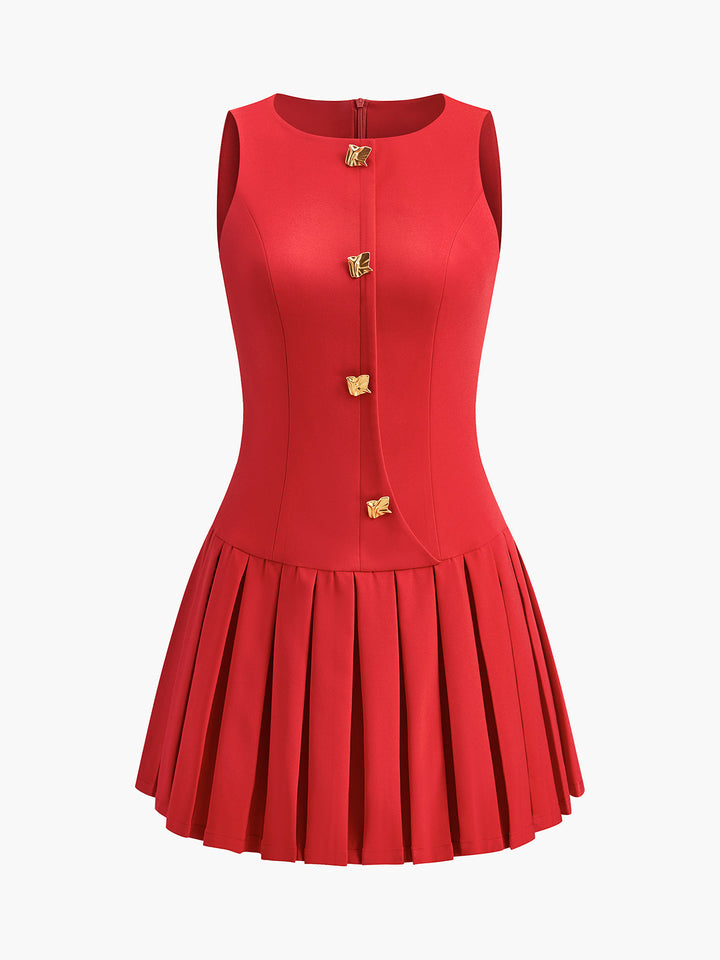 Elegant Sleeveless Mini Dress with Pleats and Metal Buttons
