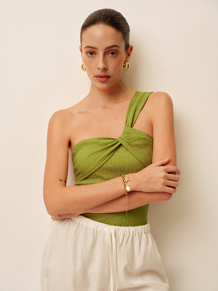 Asymmetric swimsuit with twist & ruching – figure shaping