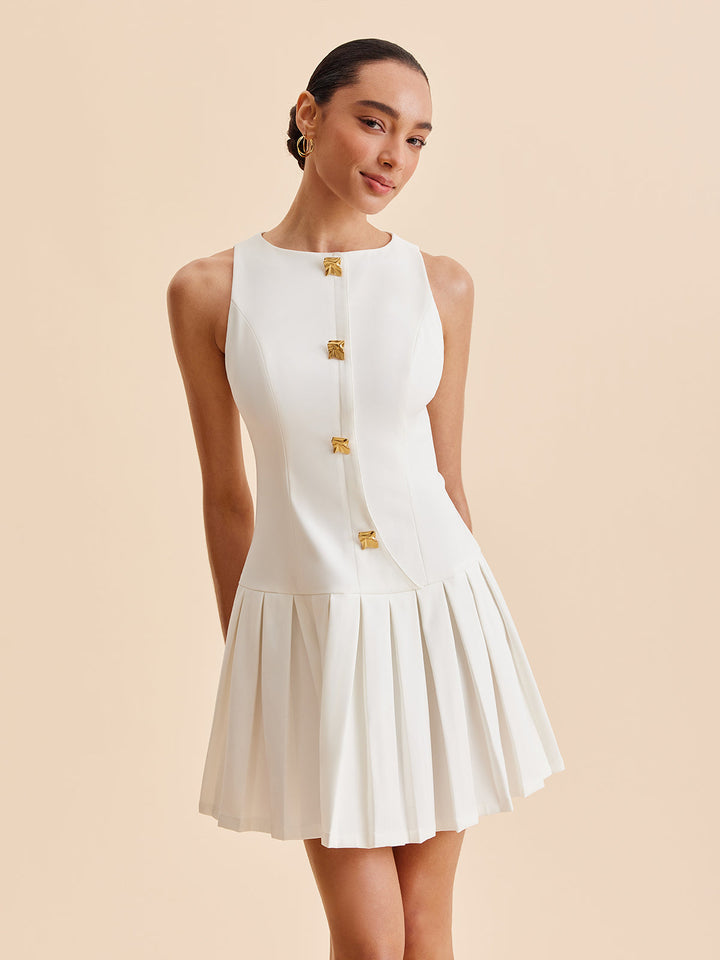 Elegant Sleeveless Mini Dress with Pleats and Metal Buttons