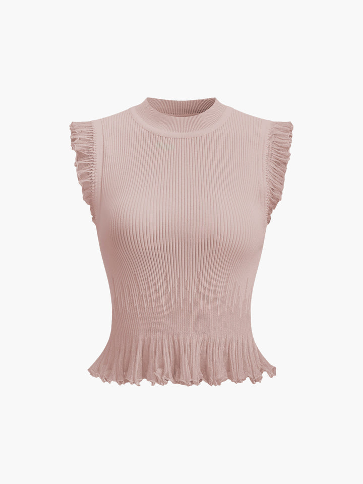 Ribbed Crop Top with Ruffles – Beige – Summer Women's Top