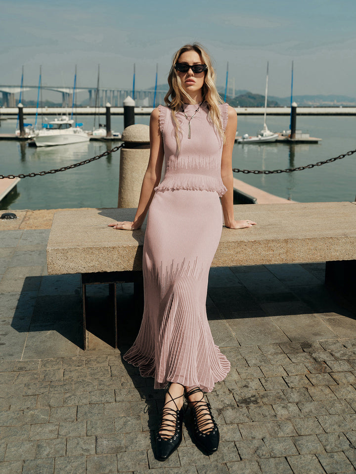 Ribbed Crop Top with Ruffles – Beige – Summer Women's Top