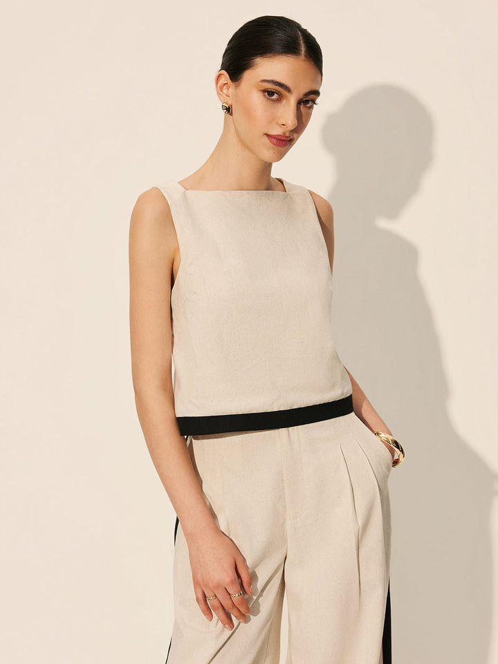 Linen-cotton pants with contrast seam and zipper