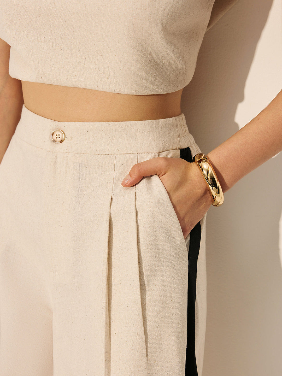 Linen-cotton pants with contrast seam and zipper