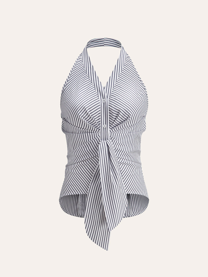 Striped Halter Top Women – Summer Crop Top with V-Neckline