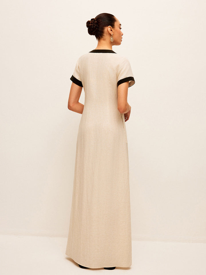 Linen blend maxi dress with high slit & contrast trim – summer style