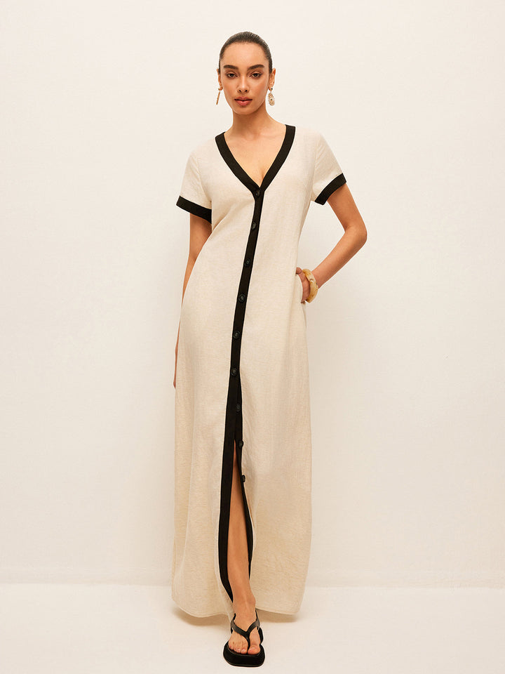 Linen blend maxi dress with high slit & contrast trim – summer style