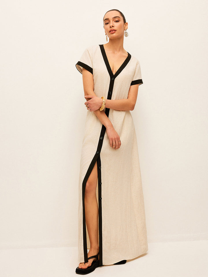 Linen blend maxi dress with high slit & contrast trim – summer style