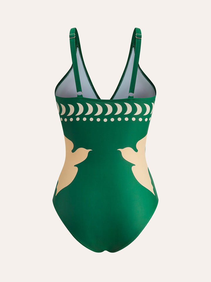 Elegant one-piece swimsuit with bird pattern & flattering cutouts – high waist swimwear