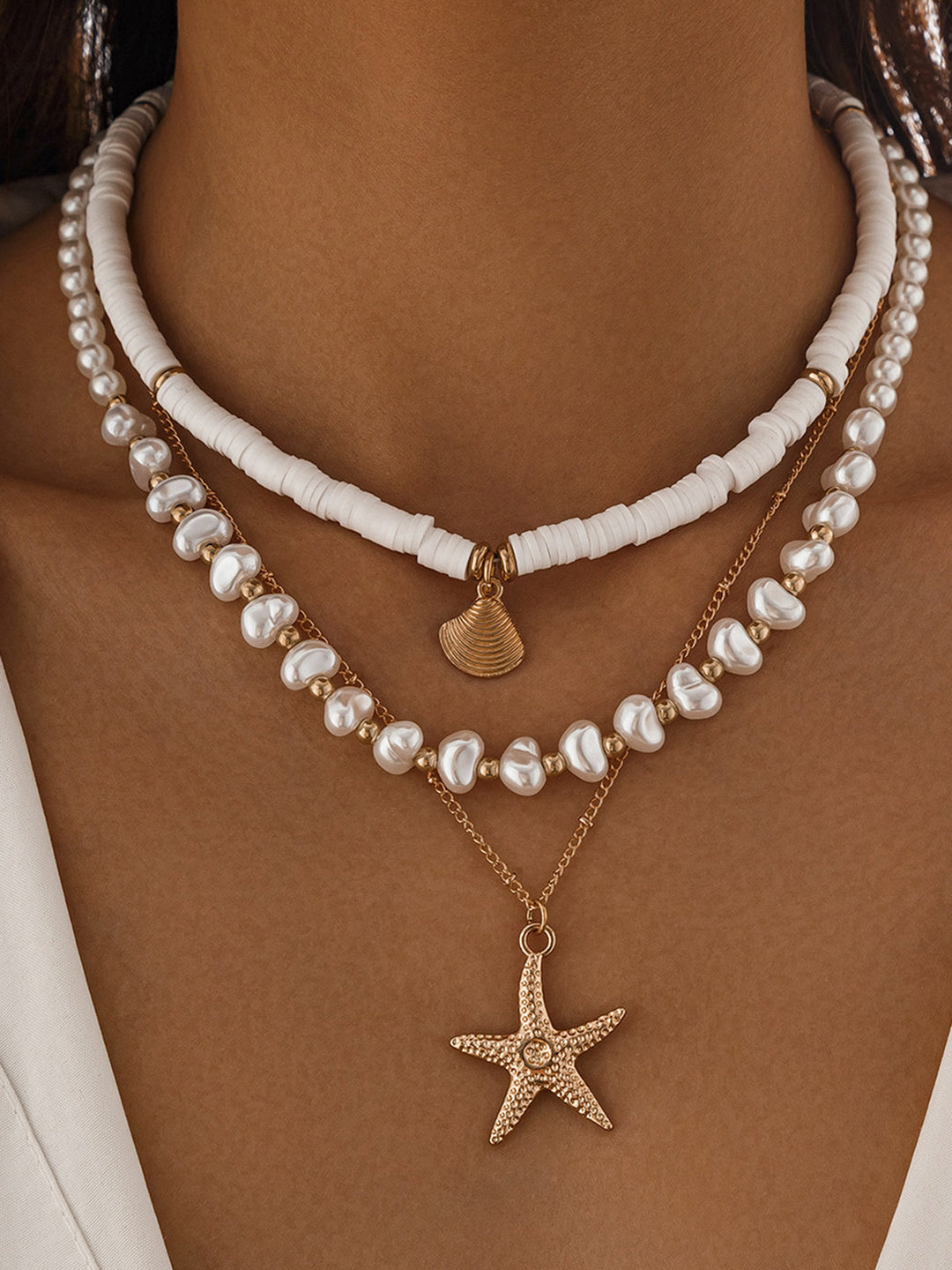 Multilayer pearl & shell necklace with starfish pendant – beach jewelry