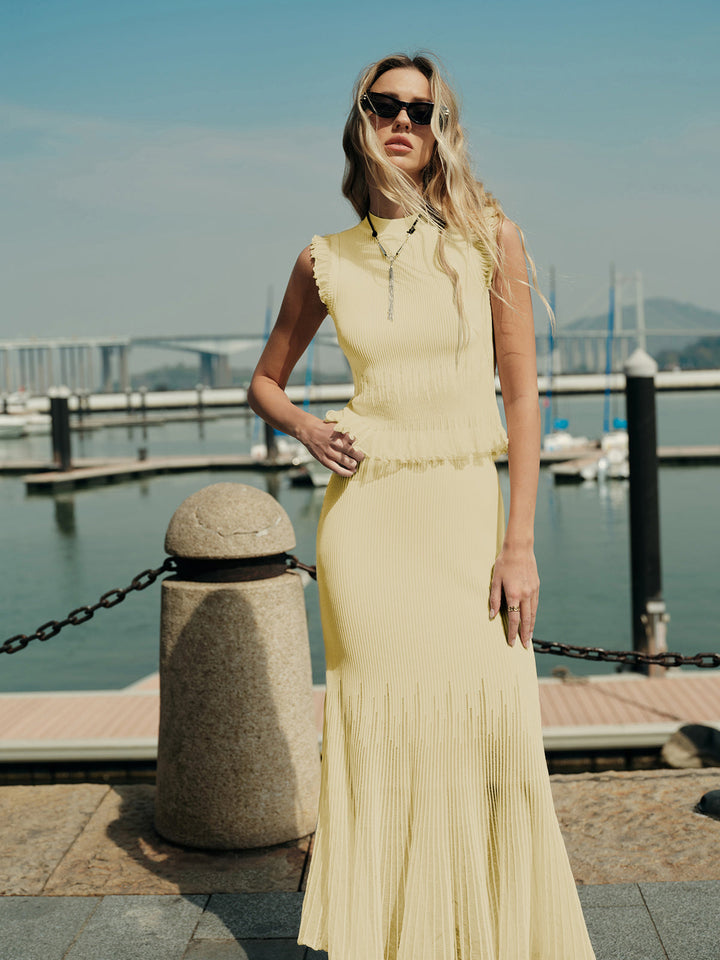 Ribbed Crop Top with Ruffles – Beige – Summer Women's Top