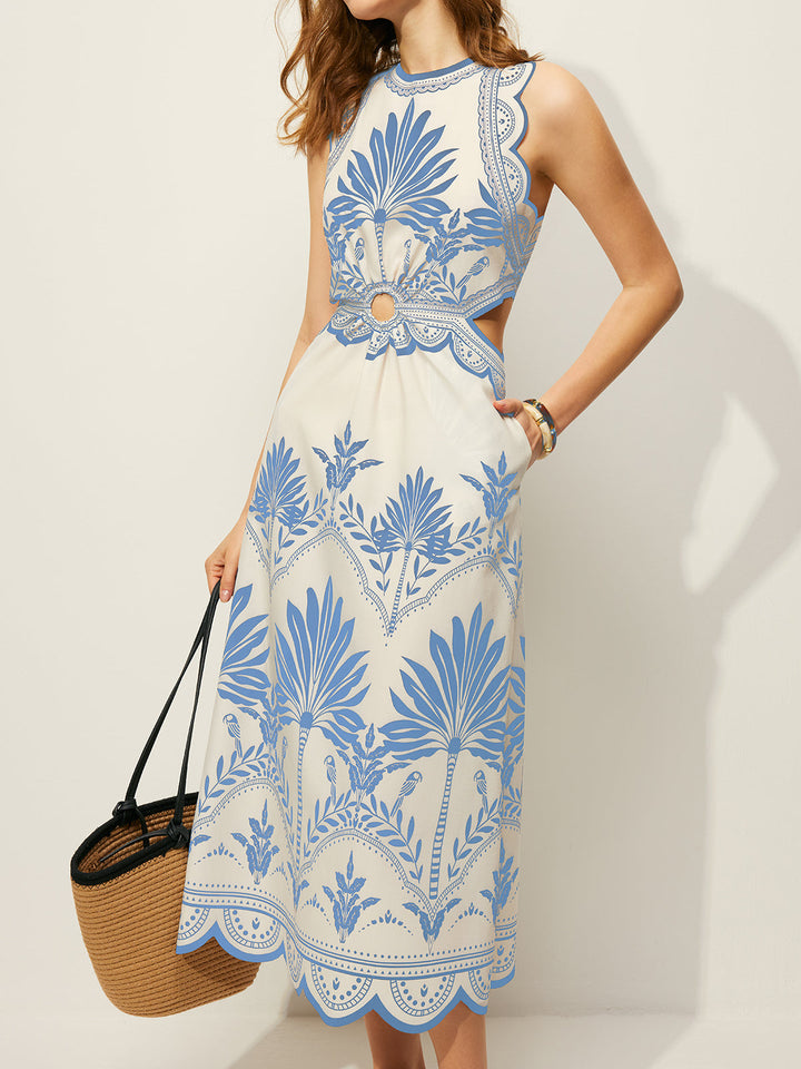 Boho maxi dress with floral pattern and cut-outs – sleeveless summer dress